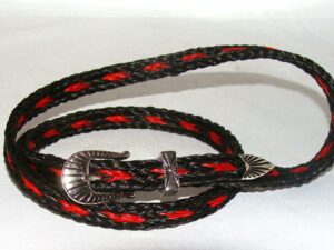 A black and red braided belt with a Sterling Silver Buckle, Black & Red Horse hair hat band - USA.