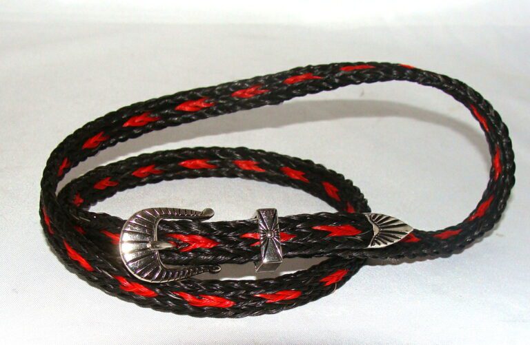 A black and red braided belt with a Sterling Silver Buckle, Black & Red Horse hair hat band - USA.