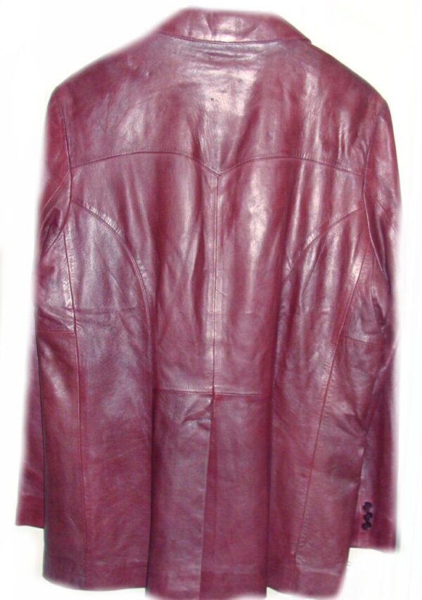 A Men's Scully Black Cherry Lambskin Leather Western blazer hanging on a hanger.