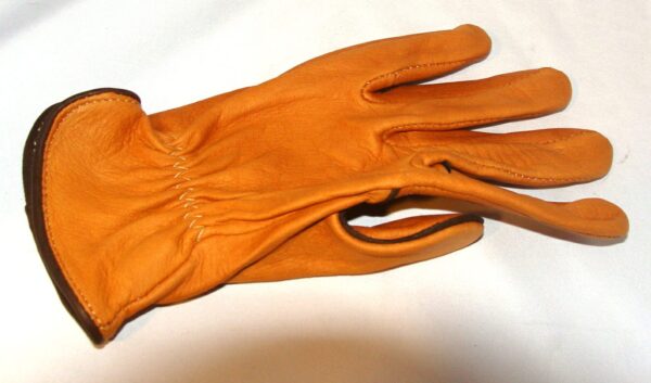 A pair of 2 Tone Deerskin leather western work gloves USA made on a white surface.