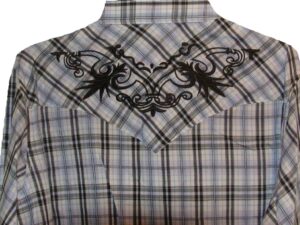 A Mens Silver Lurex Blue, Black Plaid "White Horse Ranch" shirt with embroidered designs.