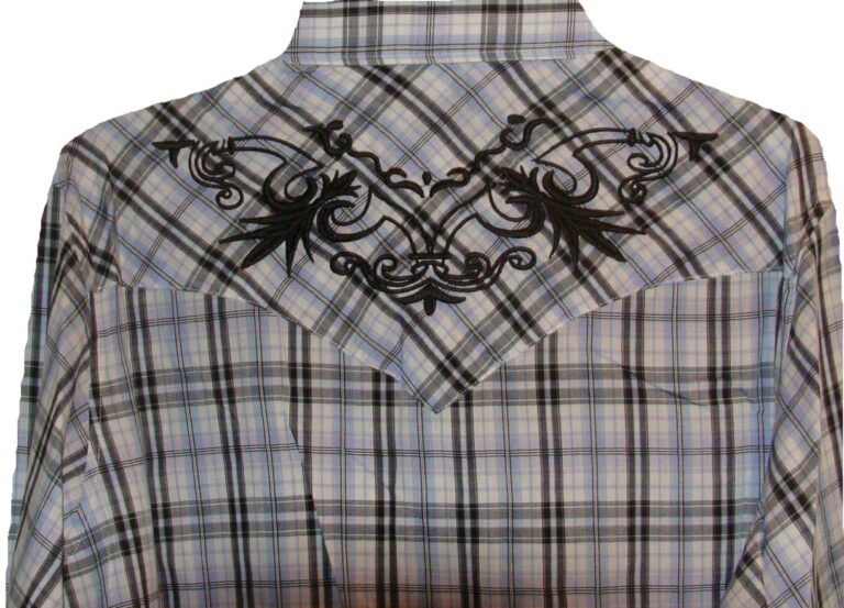 A Mens Silver Lurex Blue, Black Plaid "White Horse Ranch" shirt with embroidered designs.