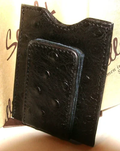 Scully Black Ostrich leather magnetic money clip with ostrich leather on top.