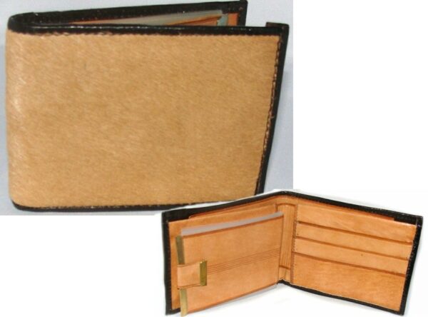 A Hair on Hide Mens leather western wallet with two compartments and a card holder.