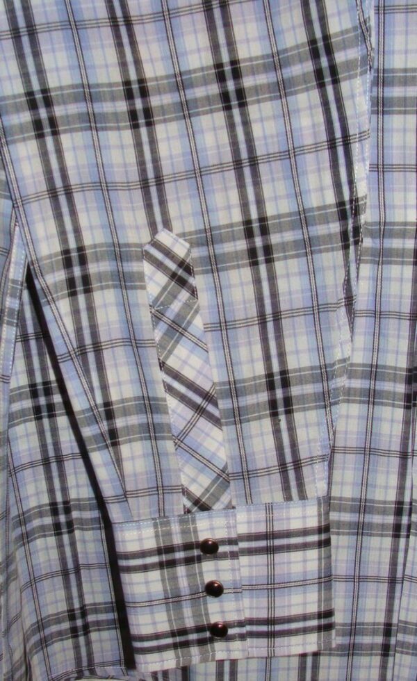 A close up of a Mens Silver Lurex Blue, Black Plaid "White Horse Ranch" shirt.