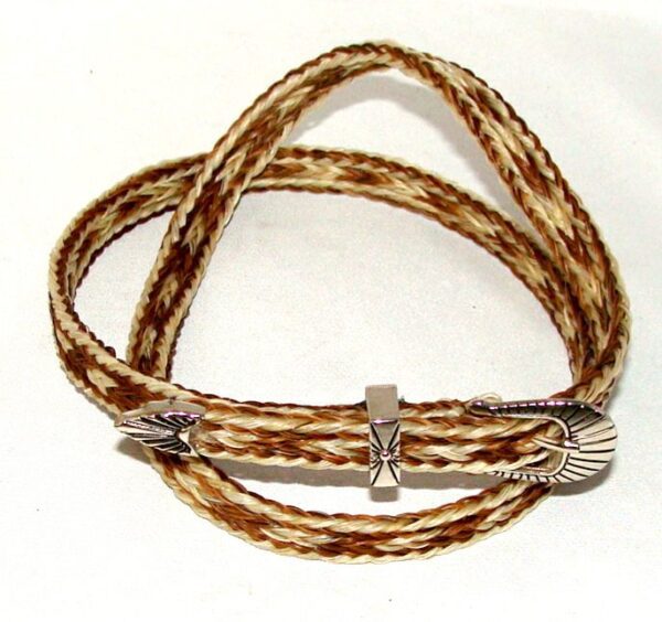 A brown and white braided bracelet with a Sterling Silver Buckle, Blond Brown Horse hair hat band - USA.