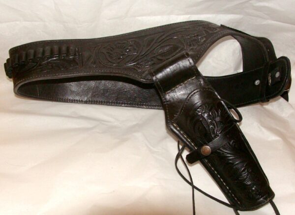 A .45 Caliber Black Tooled Leather Single Western Gun Holster with a holster on it.