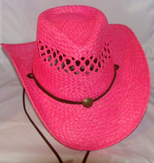 A Summit HOT PINK straw cowboy hat (draw string) on a white background.