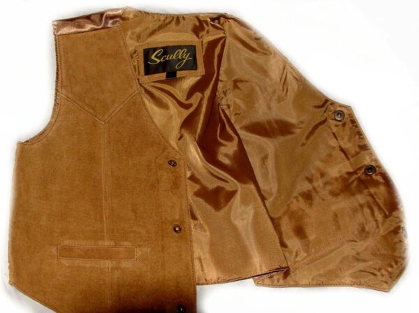 A Scully Kids Bourbon Boar Suede Western vest with a label.