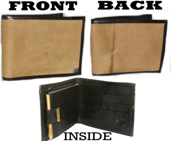 Two pictures of a Hair on Hide Mens leather western wallet with the words inside and outside.