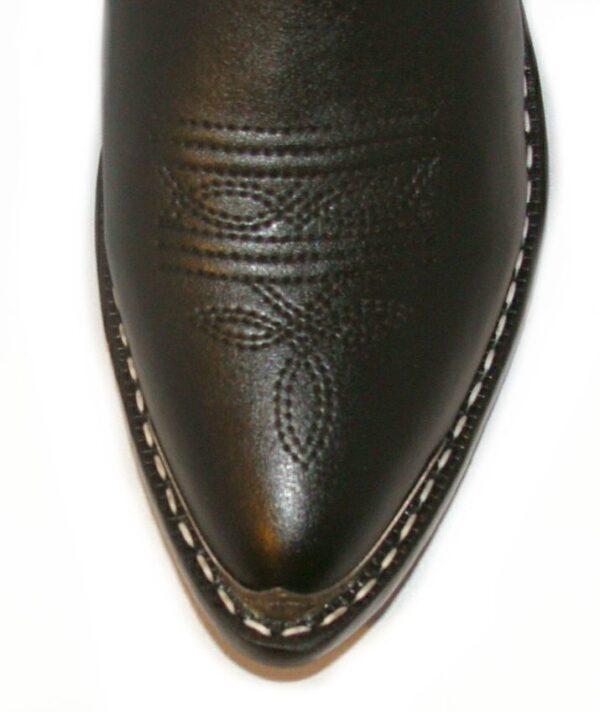 A close up of a SIZE 5 Youth "Black Horse" Boot chain black cowboy boot.
