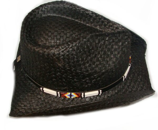 A "Lakotoa" Bailey straw cowboy hat with a beaded band.