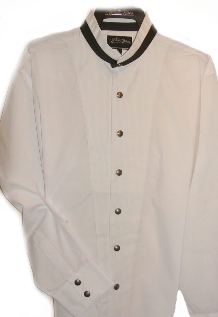 A Men's Indian head Button Banded collar White Tuxedo shirt with black collar and cuffs.