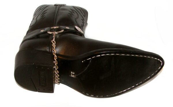 A SIZE 5 Youth "Black Horse" Boot chain Black cowboy Boots with a chain on it.