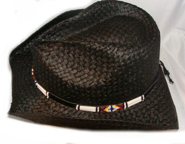 A black "Lakotoa" Bailey straw cowboy hat with a beaded band on it.