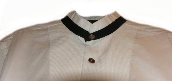 A Men's Indian head Button Banded collar White Tuxedo shirt with black collar and cuffs.