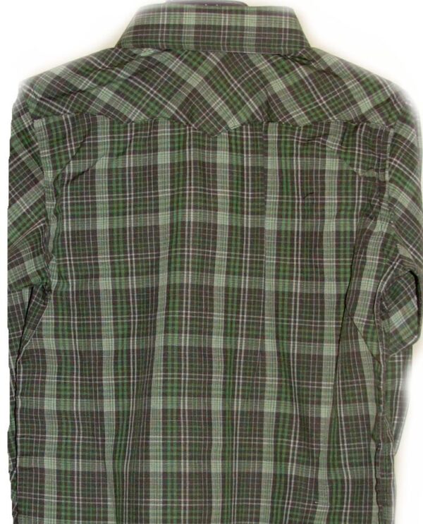 A Child pearl snap, Green Plaid western shirt on a white background.