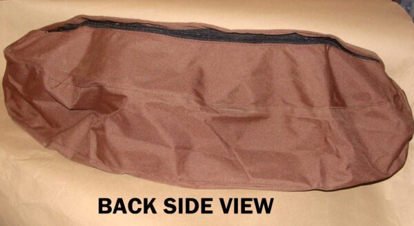 A brown Economy Nylon saddle Cantle pouch with the words back side view.
