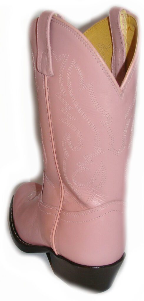 A Child size 12 "Pink Denver" leather cowboy boot on a white background.