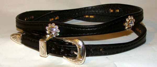 A Black leather WHITE Crystal Flower hat band with Silver buckle.