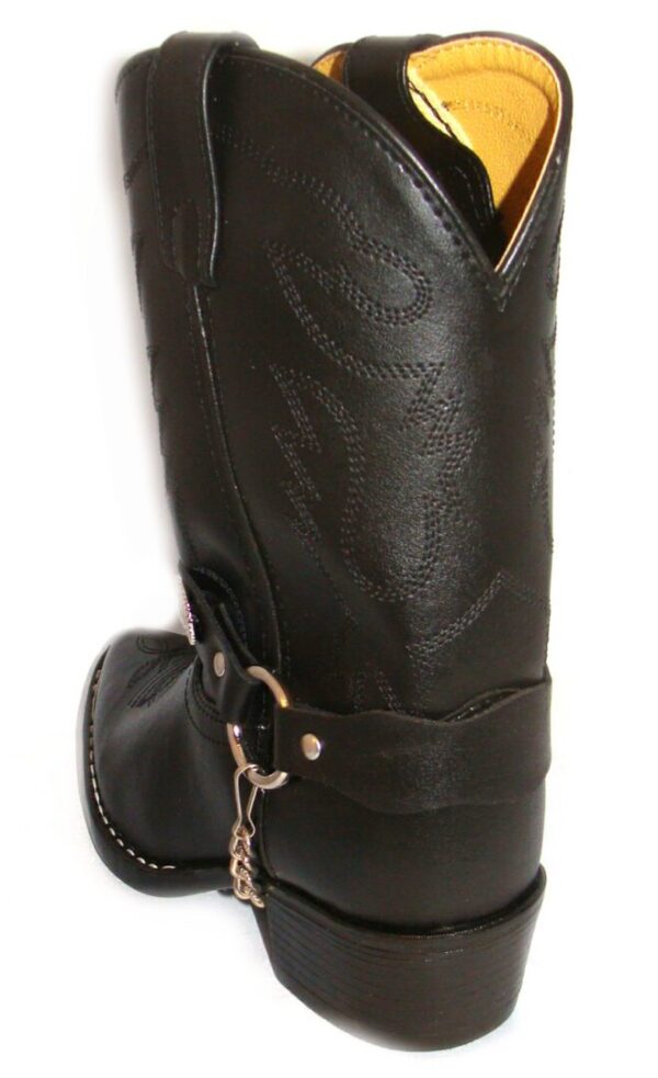 A pair of SIZE 5 Youth "Black Horse" Boot chain Black cowboy boots with a buckle on the side.