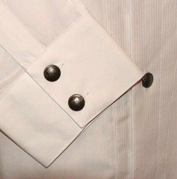 A Men's Indian head Button Banded collar White Tuxedo shirt with buttons on it.