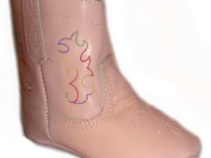 Little Pinky" Baby Pink cowgirl boots with colorful embroidered designs.