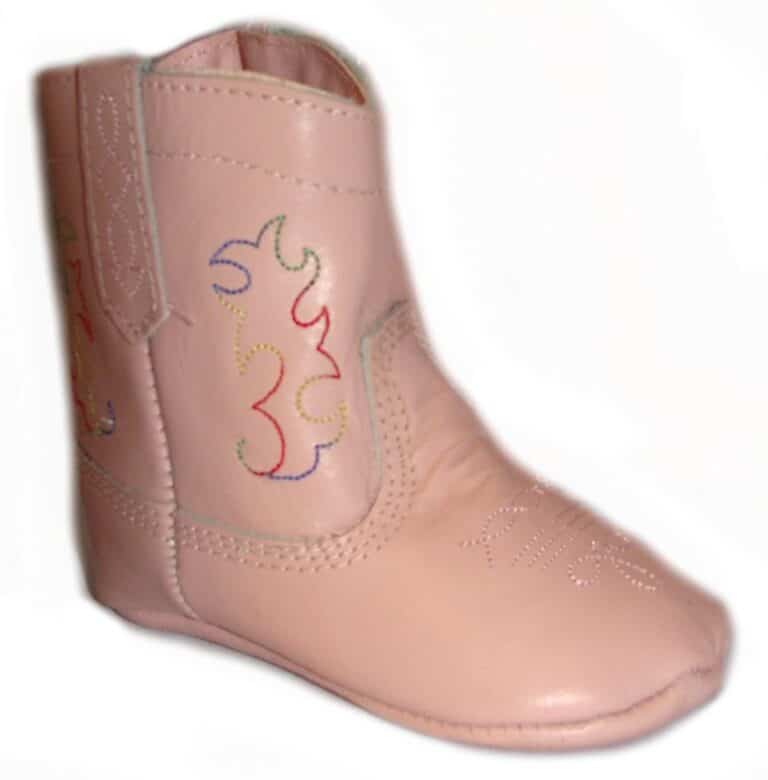 Little Pinky" Baby Pink cowgirl boots with colorful embroidered designs.