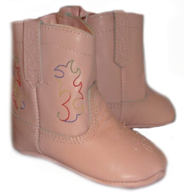 Little Pinky" Baby Pink cowgirl boots adorned with colorful embroidered designs.