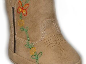 A Dingo Tan Butterfly baby Cowboy boot with butterfly embroidered on it.