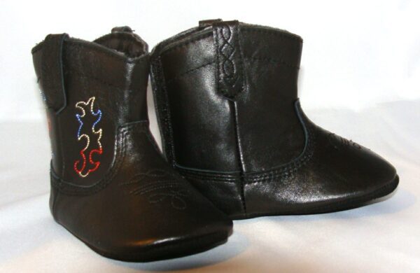 A pair of Infant Black Baby Cowboy Boots with embroidered designs, perfect for baby cowboys.
