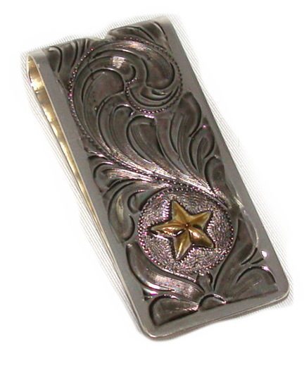 A Gold Star silver money clip with a star on it.