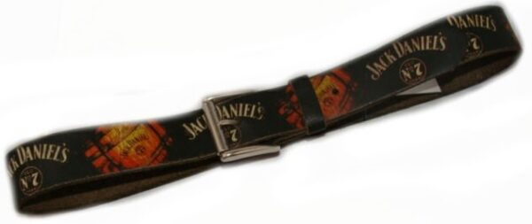 A belt with Jack Daniel's Black Vintage Barrel leather belt logo on it.