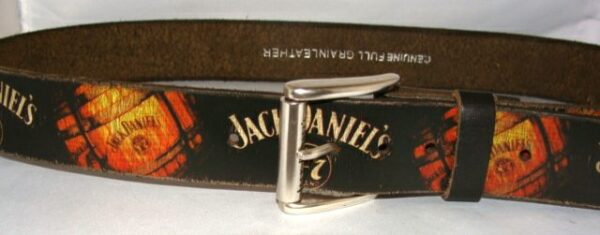 A Jack Daniel's Black Vintage Barrel leather belt with an image of Jack Daniel's on it.