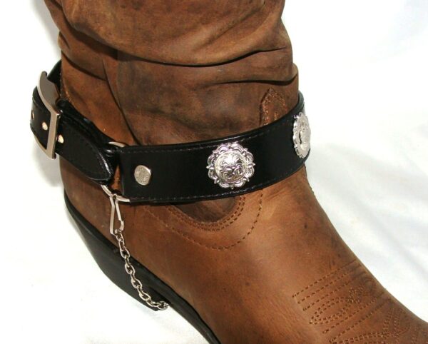 A PAIR- Black Leather silver concho cowboy boot chain - USA with a silver buckle.