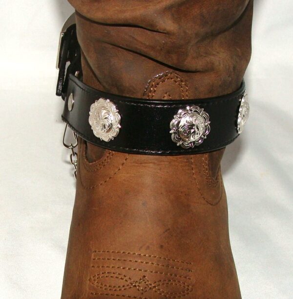 A PAIR- Black Leather silver concho cowboy boot chain - USA with silver buckles and studs.
