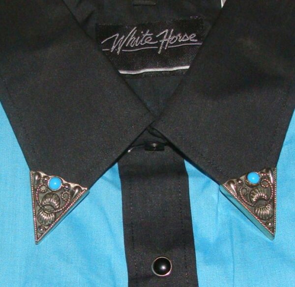 A blue and black shirt with German silver Turquoise stone collar tips and cuffs.