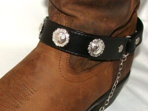 A PAIR- Black Leather silver concho cowboy boot chain - USA with a chain on them.