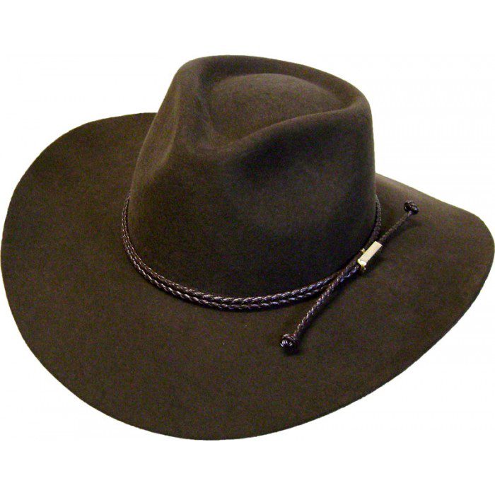 The Cowboy" 100% Wool Pinch Front Chocolate Brown Western Hat on a white background.