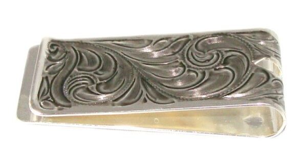 A Gold Star silver money clip with an ornate design.