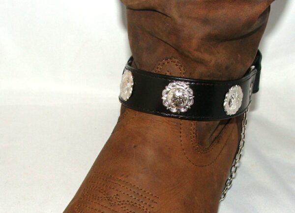 A PAIR- Black Leather silver concho cowboy boot chain - USA with a silver buckle.