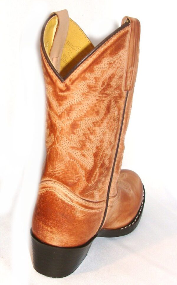 A pair of SIZE 11 CHILD "Bomber Tan" leather J toe cowboy boots on a white background.