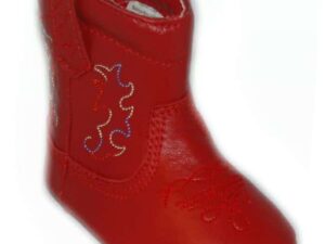A pair of "Fire Engine Red" Infant cowboy boots with embroidered designs, perfect for baby cowboys.