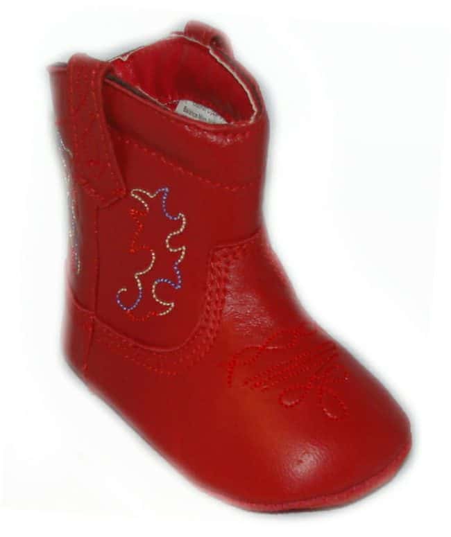 A pair of "Fire Engine Red" Infant cowboy boots with embroidered designs, perfect for baby cowboys.