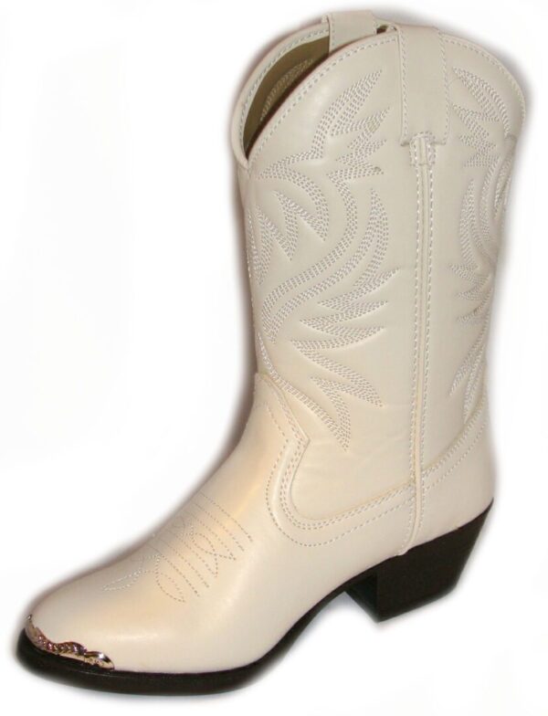 A SIZE 6 Youth/ 8 Womens White cowboy boot on a white background.