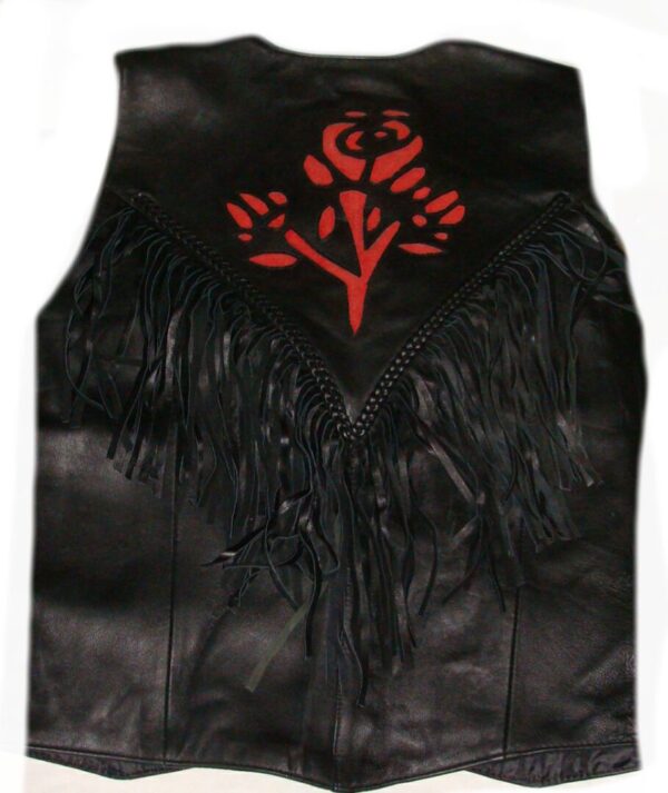 A women's RED Rose inlay leather fringe western vest.