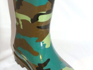 A pair of camouflage child size 9 rubber cowboy boots on a white background.