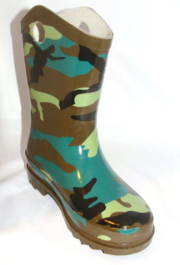A pair of camouflage child size 9 rubber cowboy boots on a white background.
