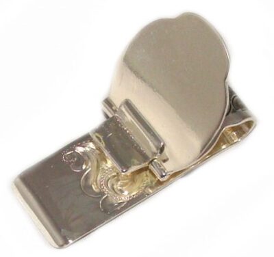 A Silver Engraved Fold Over Western Money Clip on a white background.