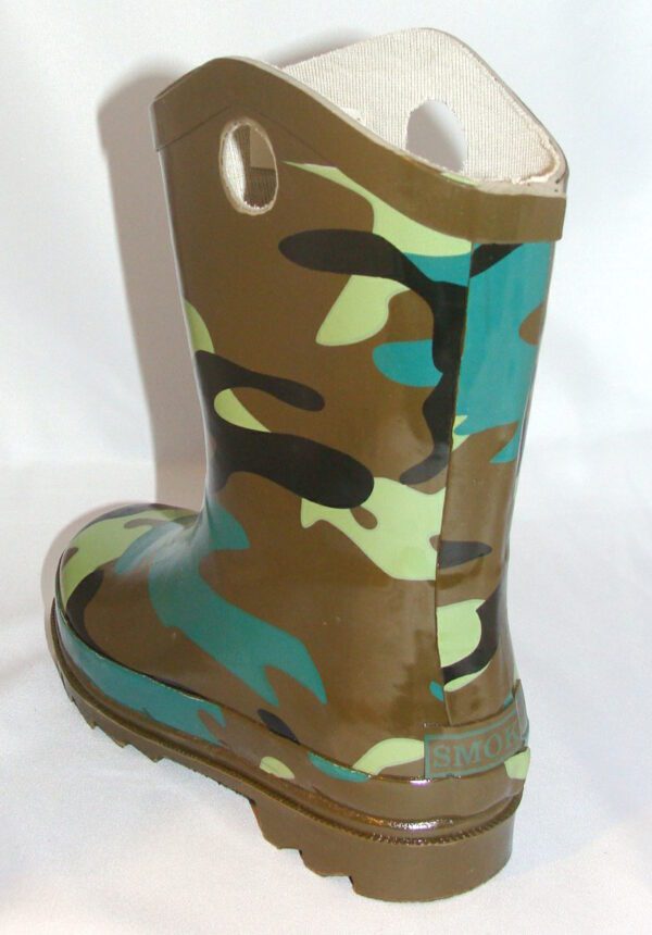 A pair of Camouflage child size 9 rubber cowboy boots on a white background.